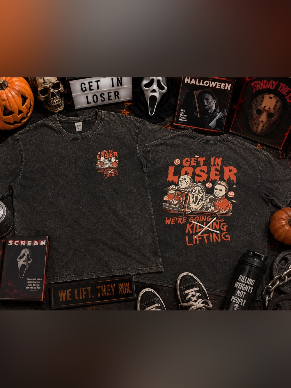 Halloween Horror Gym Tee Get In Loser We’re Going Lifting Acid Wash XL